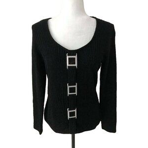 FRANK LYMAN Design Long Sleeve Top Blouse Size 12 Black Textured Metallic Nylon